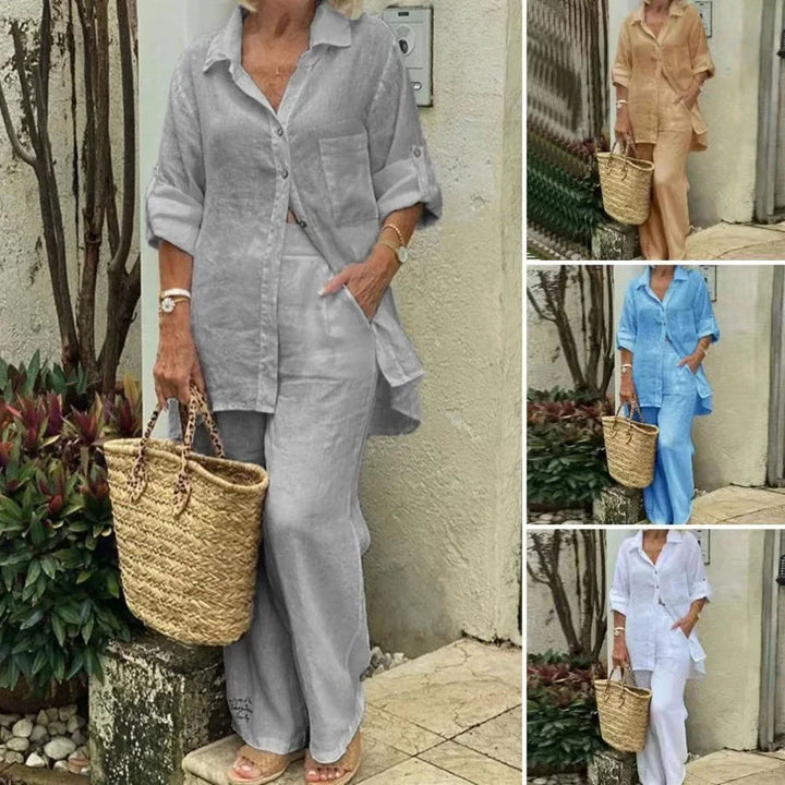 Airy & Stylish Oversized Linen Combo with Blouse and Trousers for Women – Amaris-Blue-S-State of Style
