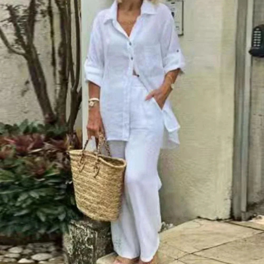 Airy & Stylish Oversized Linen Combo with Blouse and Trousers for Women – Amaris-White-S-State of Style