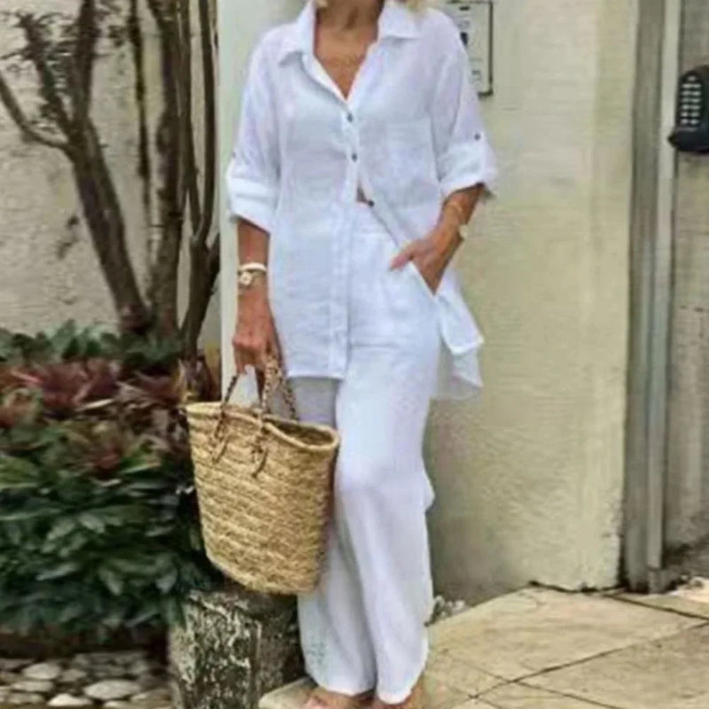 Airy & Stylish Oversized Linen Combo with Blouse and Trousers for Women – Amaris-White-S-State of Style