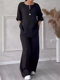 Airy & Stylish Summer Set with Blouse & Wide Trousers made of Linen – Melina-Black-S-State of Style
