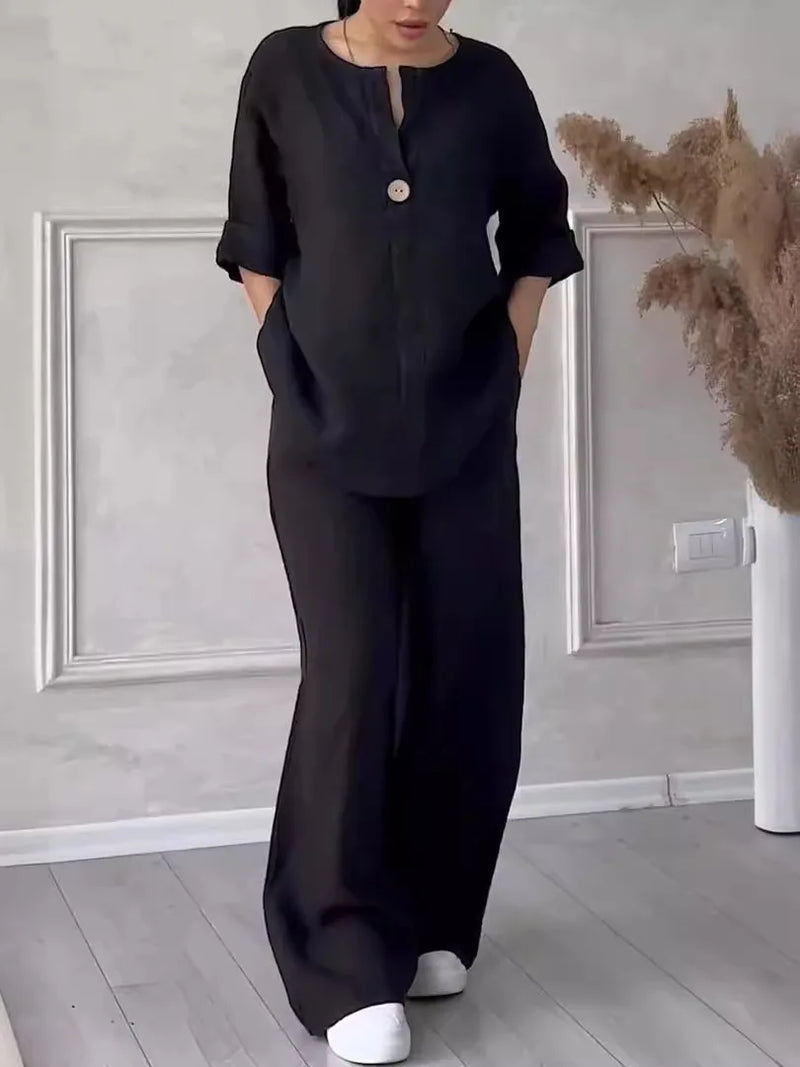 Airy & Stylish Summer Set with Blouse & Wide Trousers made of Linen – Melina-Black-S-State of Style
