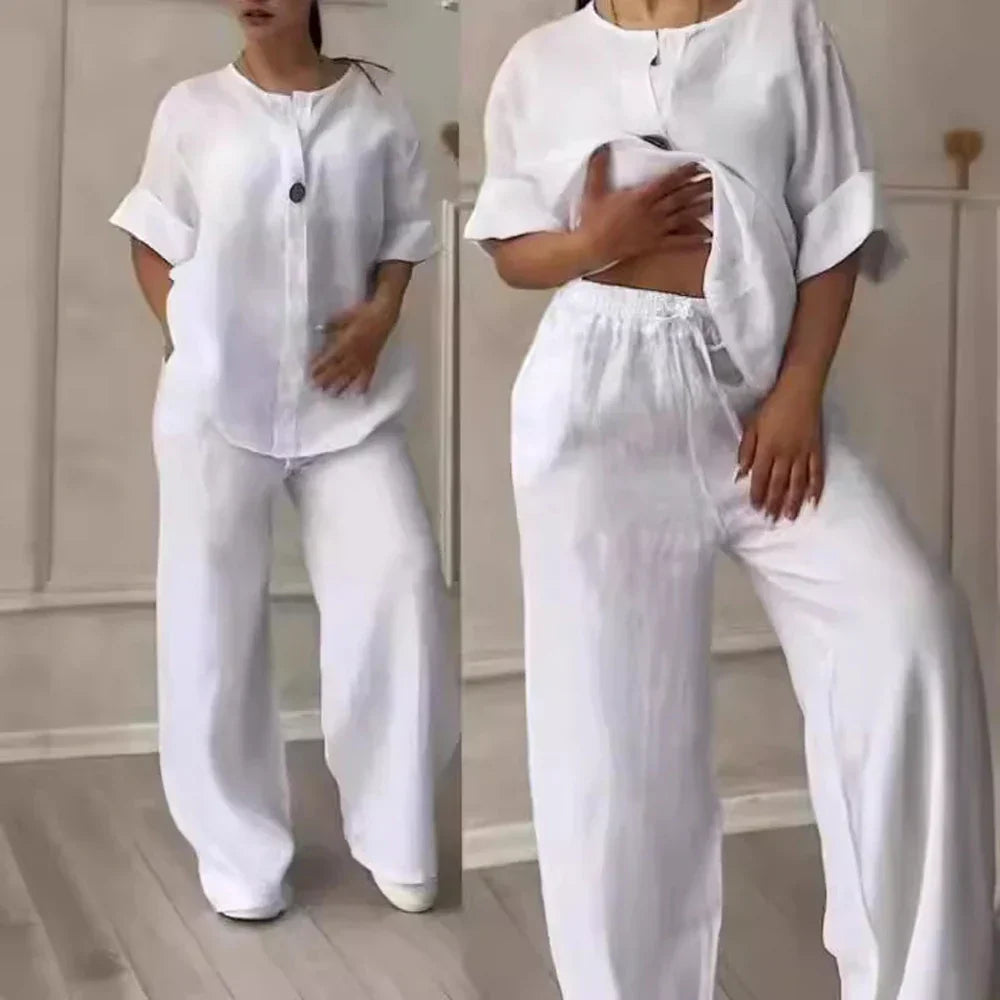 Airy & Stylish Summer Set with Blouse & Wide Trousers made of Linen – Melina-Blue-S-State of Style
