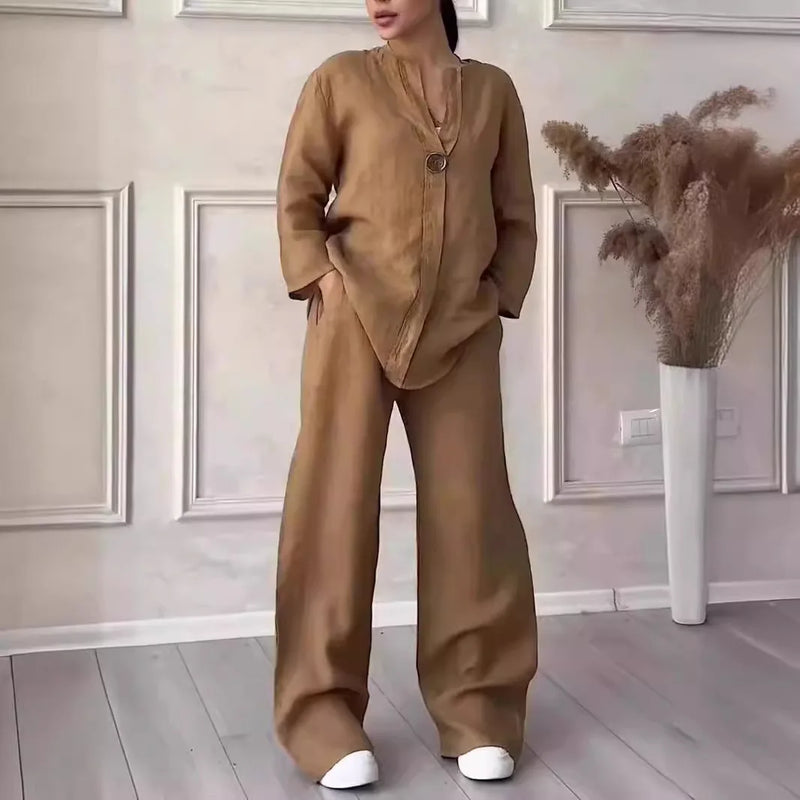 Airy & Stylish Summer Set with Blouse & Wide Trousers made of Linen – Melina-Brown-S-State of Style