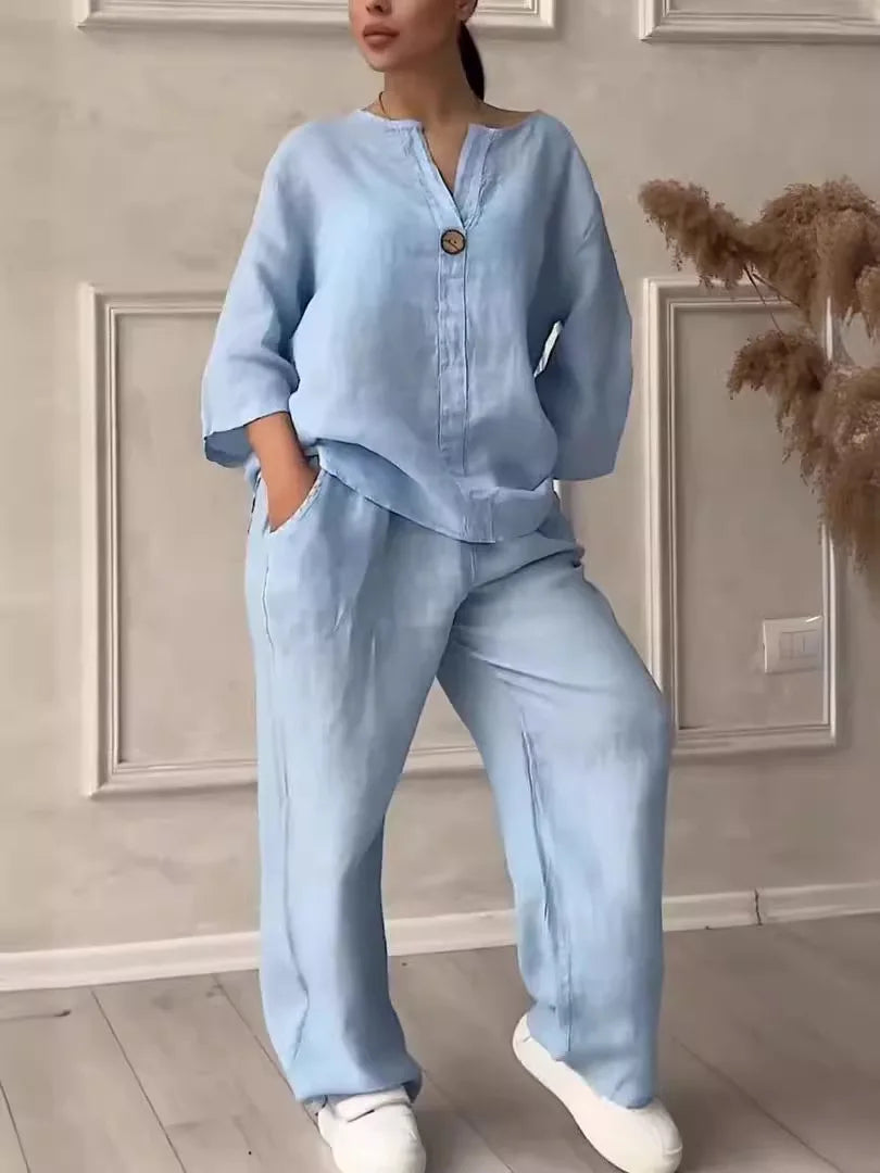 Airy & Stylish Summer Set with Blouse & Wide Trousers made of Linen – Melina-Light blue-S-State of Style