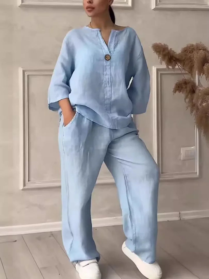 Airy & Stylish Summer Set with Blouse & Wide Trousers made of Linen – Melina-Light blue-S-State of Style