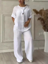 Airy & Stylish Summer Set with Blouse & Wide Trousers made of Linen – Melina-White-S-State of Style