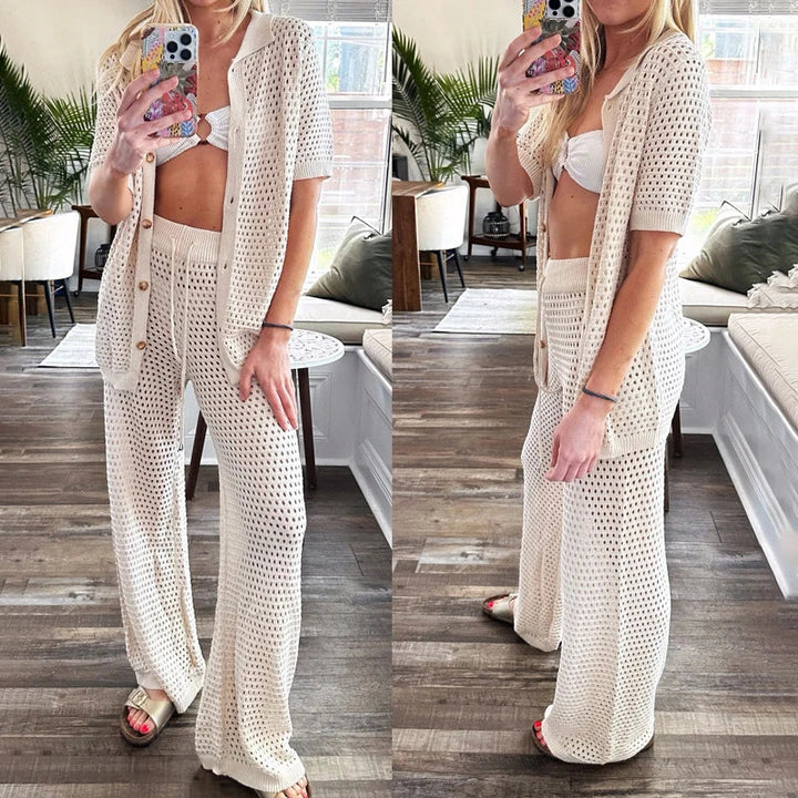 Airy & Stylish Summer Set with Cut-Outs and Long Trousers for Women – Liora-Black-S-State of Style