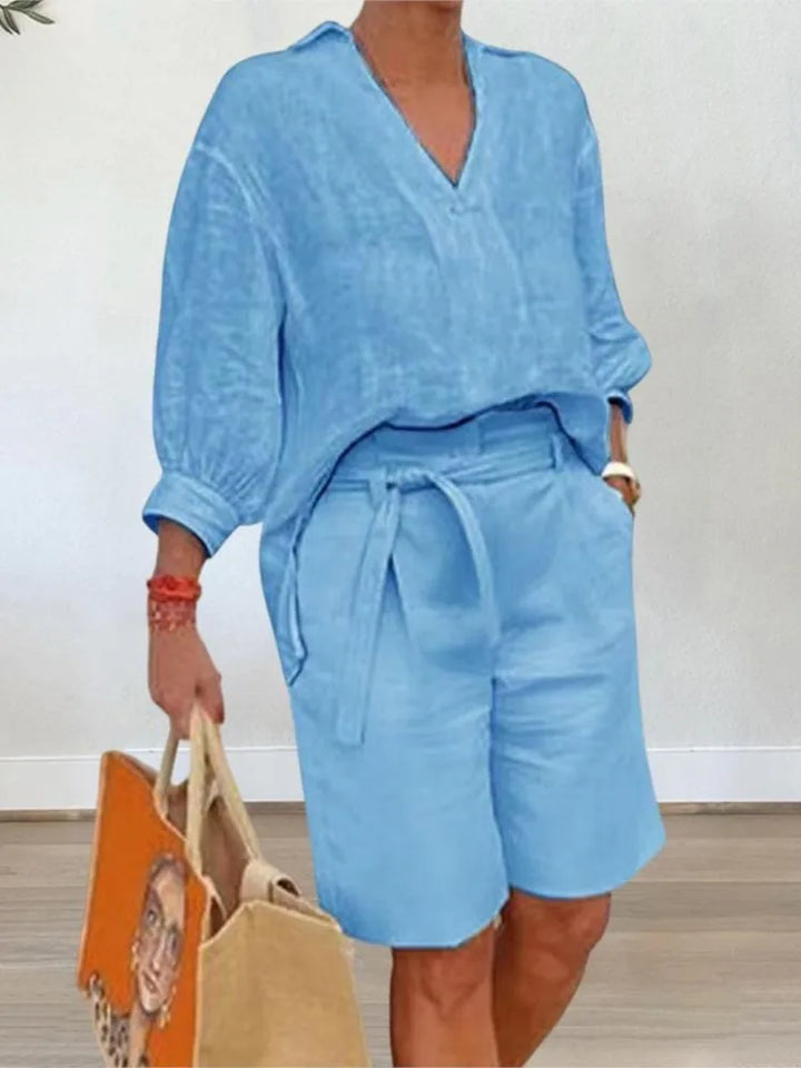 Airy & Stylish Two-Piece Linen Set with Blouse & Shorts for Women – Malea-Blue-S-State of Style