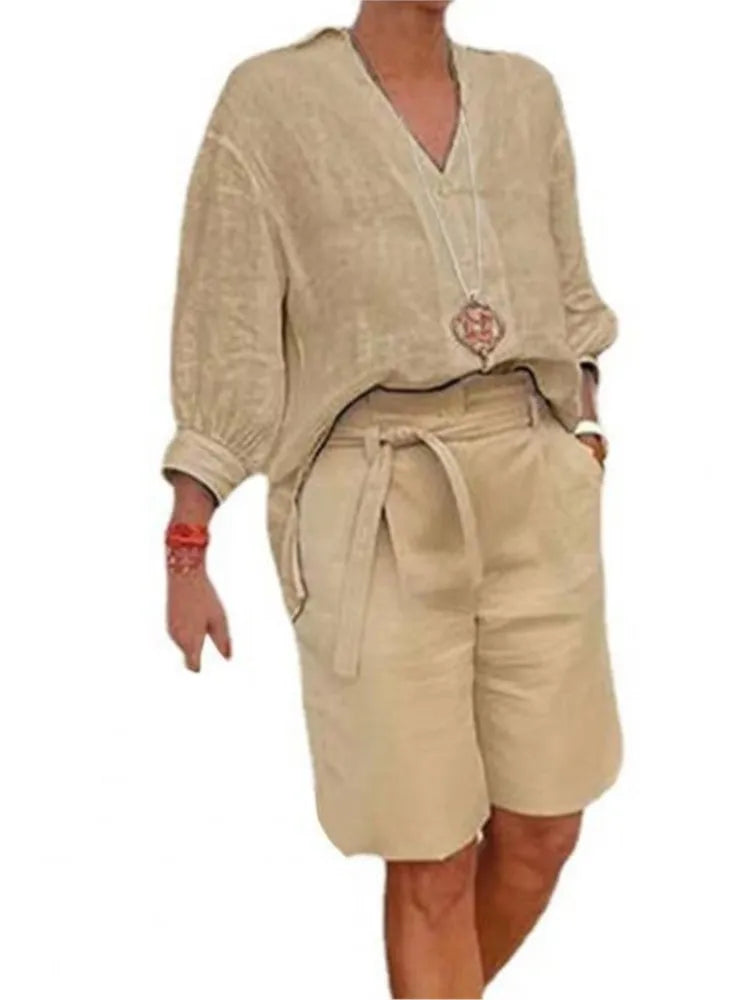 Airy & Stylish Two-Piece Linen Set with Blouse & Shorts for Women – Malea-Khaki-S-State of Style