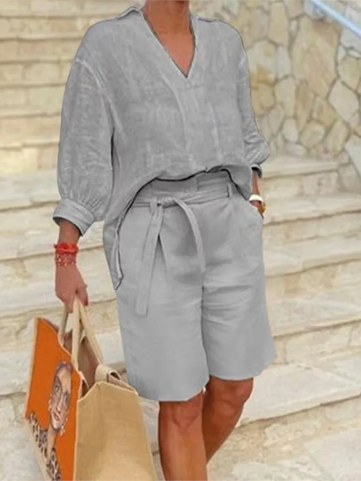 Airy & Stylish Two-Piece Linen Set with Blouse & Shorts for Women – Malea-Light grey-S-State of Style