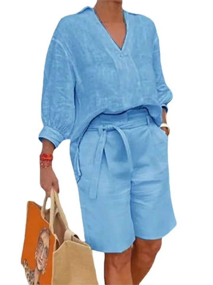 Airy & Stylish Two-Piece Linen Set with Blouse & Shorts for Women – Malea-Pink-S-State of Style