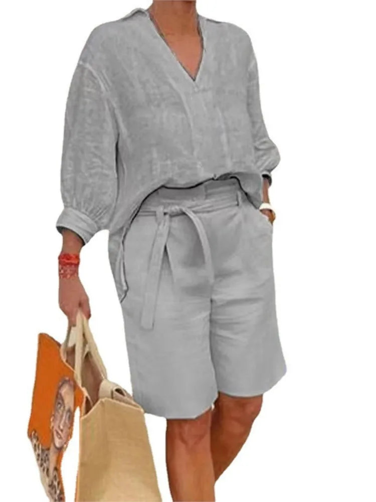 Airy & Stylish Two-Piece Linen Set with Blouse & Shorts for Women – Malea-Pink-S-State of Style