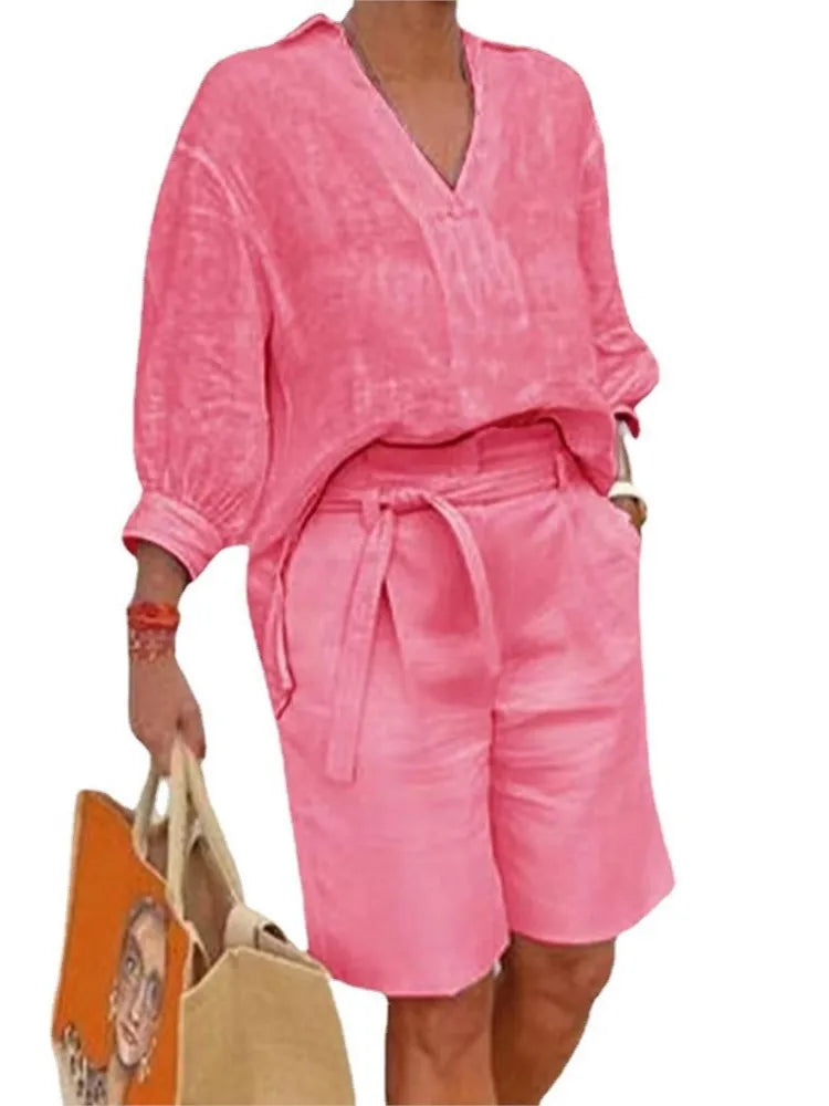 Airy & Stylish Two-Piece Linen Set with Blouse & Shorts for Women – Malea-Pink-S-State of Style