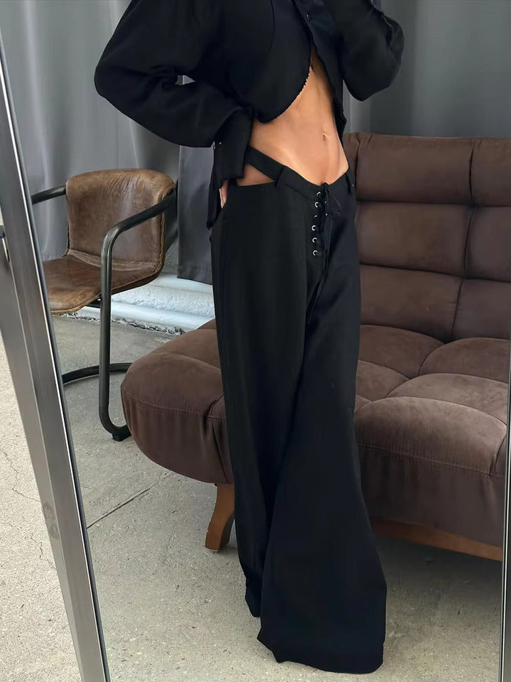 Airy & Stylish Two-Piece Linen Set with Long Sleeve Top and Trousers for Women – Nayela-Black-S-State of Style