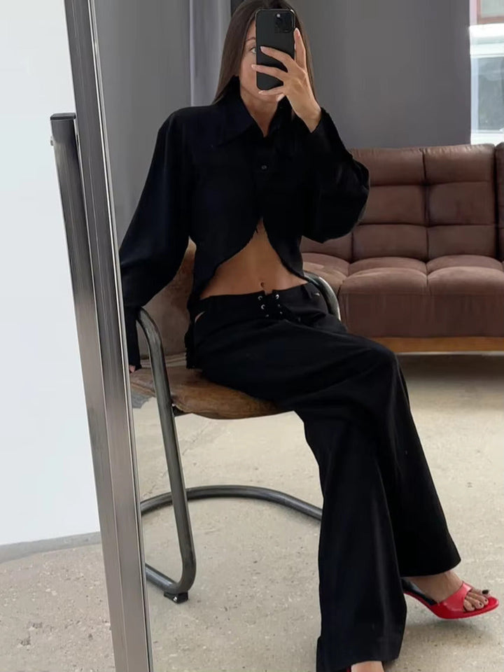 Airy & Stylish Two-Piece Linen Set with Long Sleeve Top and Trousers for Women – Nayela-Black-S-State of Style