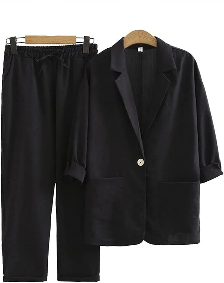Airy & Stylish Two-Piece with Jacket and Straight Trousers for Women – Sorella-Black-S-State of Style