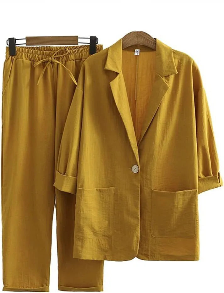 Airy & Stylish Two-Piece with Jacket and Straight Trousers for Women – Sorella-Yellow-S-State of Style