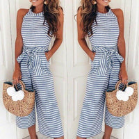 Airy & Stylish Women's Jumpsuit with Waist Belt and Stripes – Nayla-Blue-S-State of Style