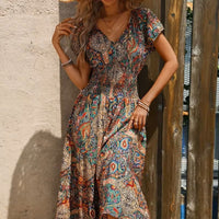 Airy women's maxi dress with ethnic print & V-neck – Nayeli-Blue-S-State of Style