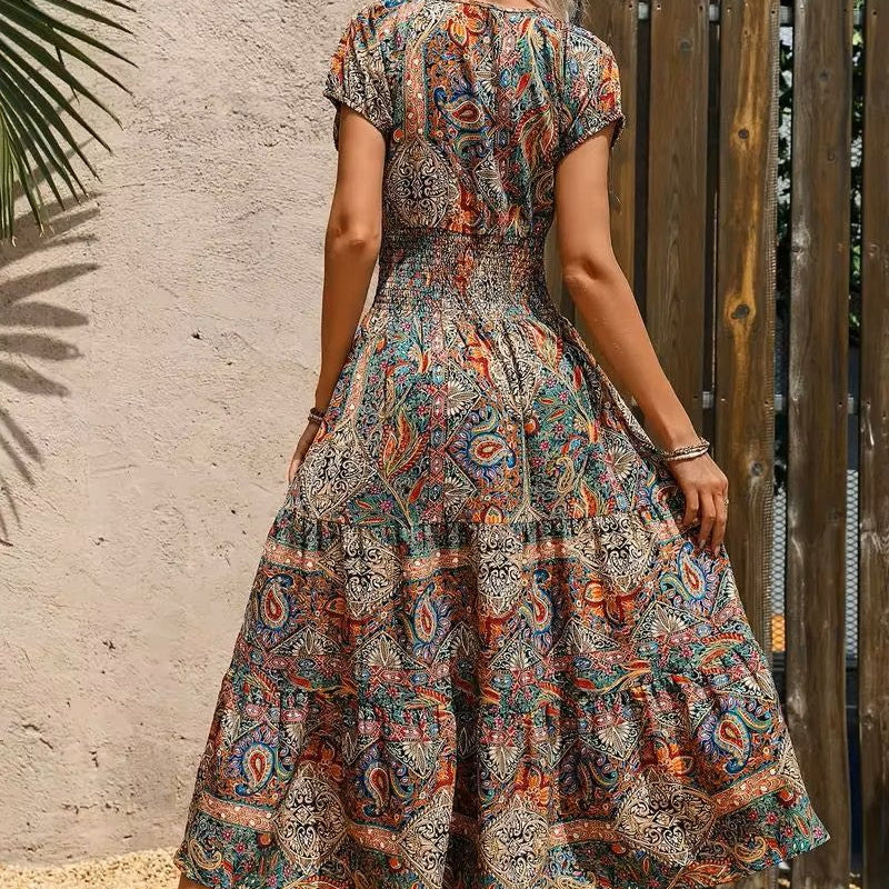 Airy women's maxi dress with ethnic print & V-neck – Nayeli-Blue-S-State of Style