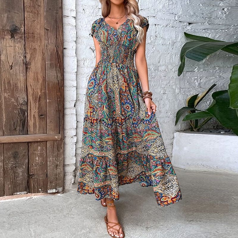 Airy women's maxi dress with ethnic print & V-neck – Nayeli-Blue-S-State of Style