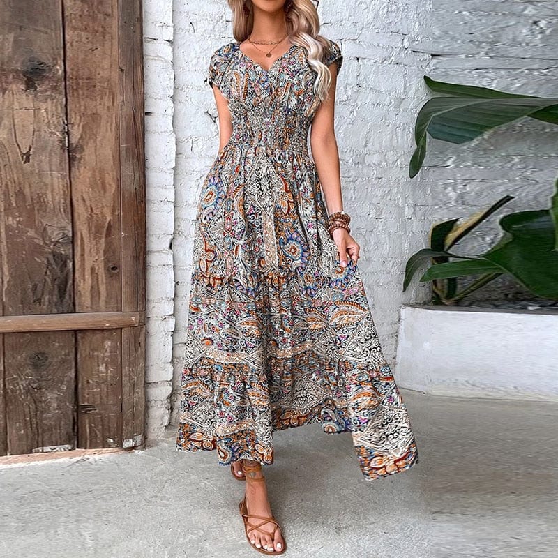 Airy women's maxi dress with ethnic print & V-neck – Nayeli-Brown-S-State of Style