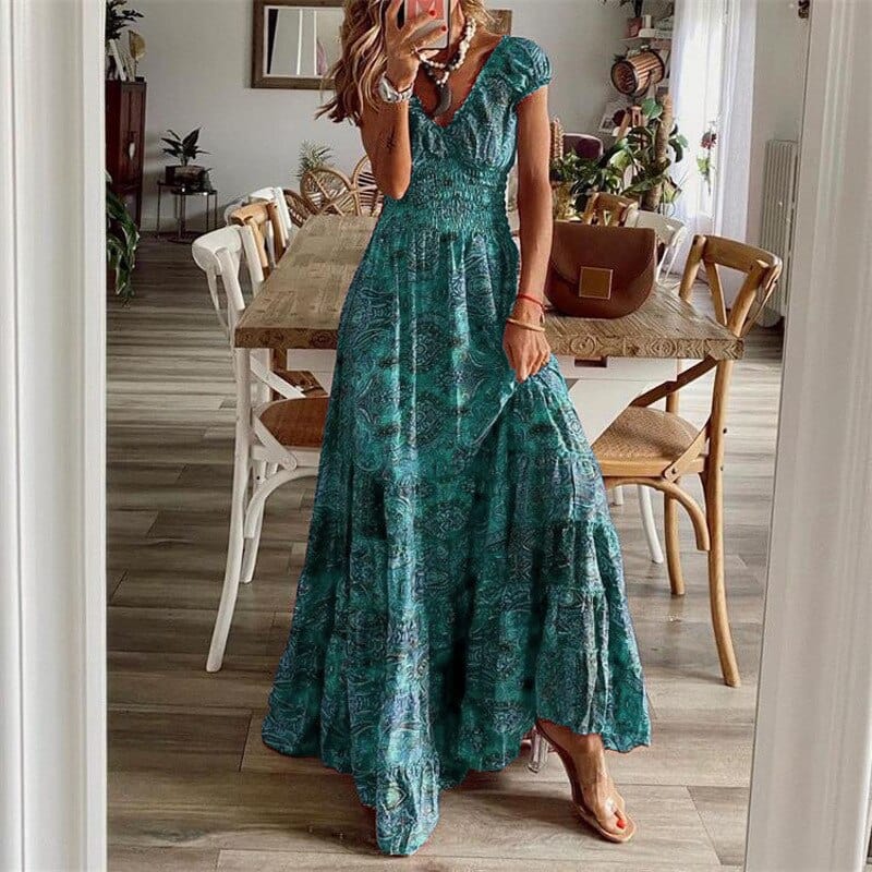 Airy women's maxi dress with ethnic print & V-neck – Nayeli-Cyan-S-State of Style