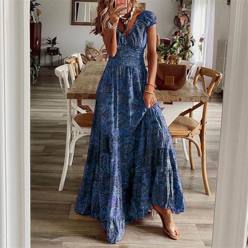 Airy women's maxi dress with ethnic print & V-neck – Nayeli-Dark blue-S-State of Style