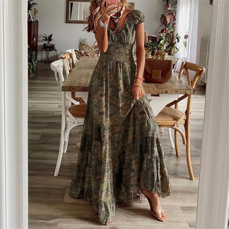 Airy women's maxi dress with ethnic print & V-neck – Nayeli-Gray Green-S-State of Style