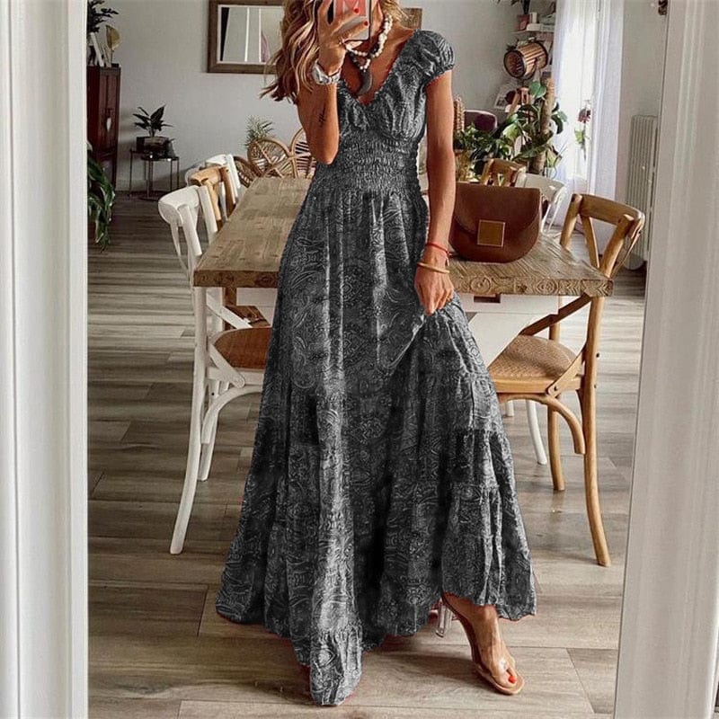 Airy women's maxi dress with ethnic print & V-neck – Nayeli-Gray-S-State of Style