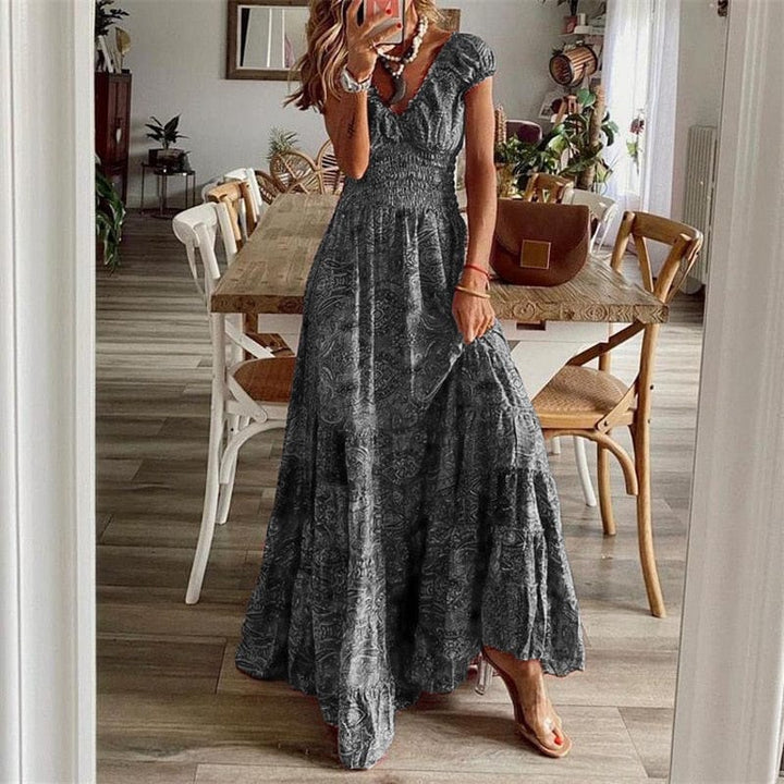 Airy women's maxi dress with ethnic print & V-neck – Nayeli-Gray-S-State of Style