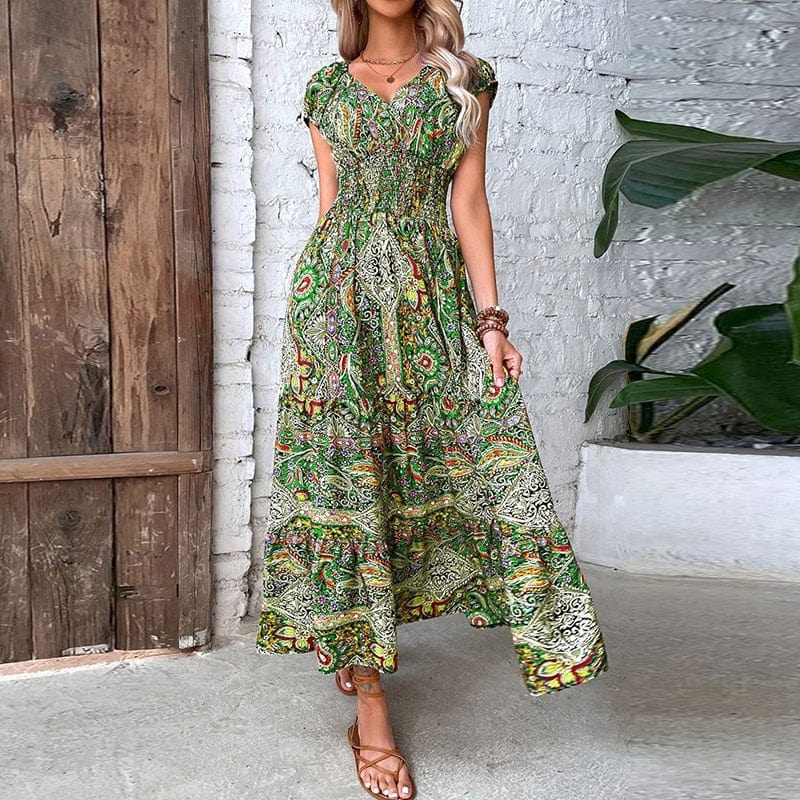 Airy women's maxi dress with ethnic print & V-neck – Nayeli-Green-S-State of Style
