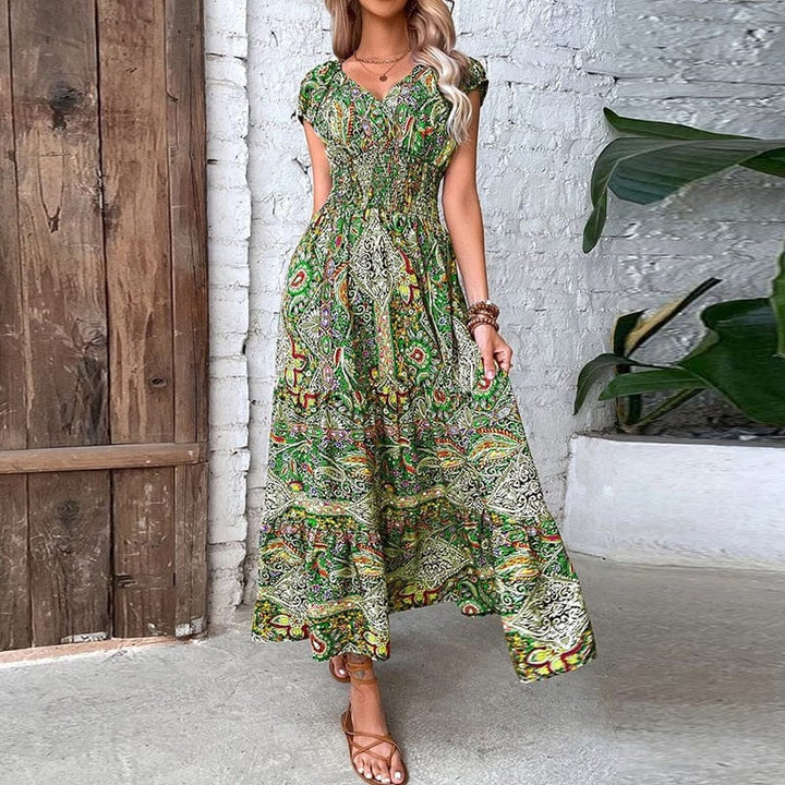 Airy women's maxi dress with ethnic print & V-neck – Nayeli-Green-S-State of Style