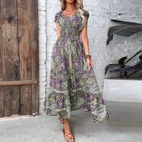 Airy women's maxi dress with ethnic print & V-neck – Nayeli-Purple-S-State of Style