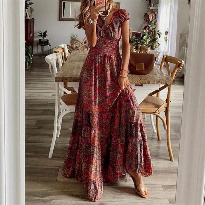 Airy women's maxi dress with ethnic print & V-neck – Nayeli-Red-S-State of Style