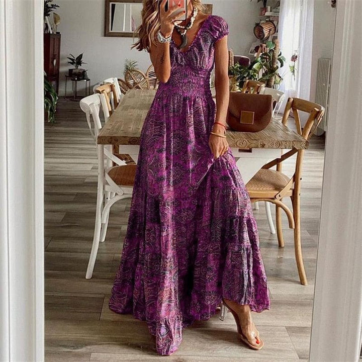 Airy women's maxi dress with ethnic print & V-neck – Nayeli-Violet-S-State of Style
