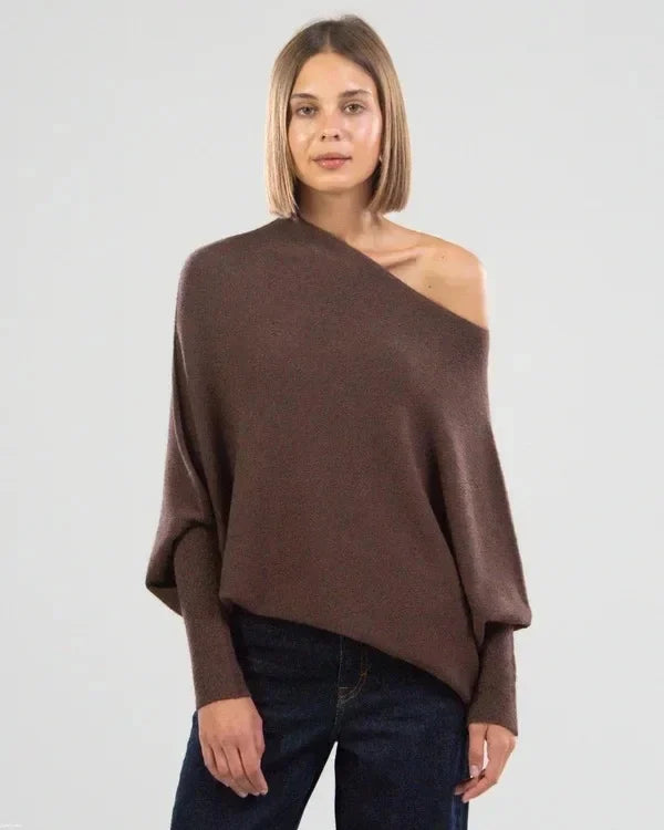 Asymmetrical Oversized Women's Sweater - Sophia-Brown-State of Style