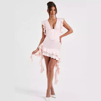 Asymmetrical ruffled dress with V-neckline & figure enhancement – Elira-Pink-L-State of Style
