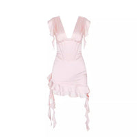 Asymmetrical ruffled dress with V-neckline & figure enhancement – Elira-Pink-L-State of Style