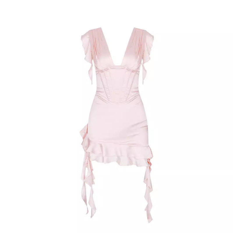 Asymmetrical ruffled dress with V-neckline & figure enhancement – Elira-Pink-L-State of Style