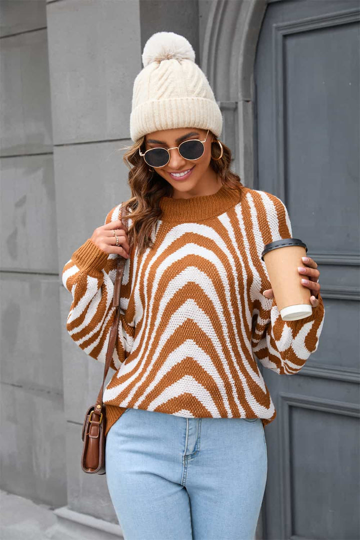 Azure Round Neck Sweater with Print-Caramel-S-State of Style