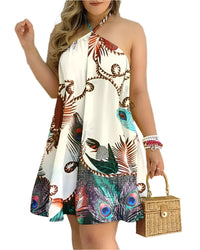 Backless summer dress with tropical print and halterneck - IslandDream-Khaki-XS-State of Style