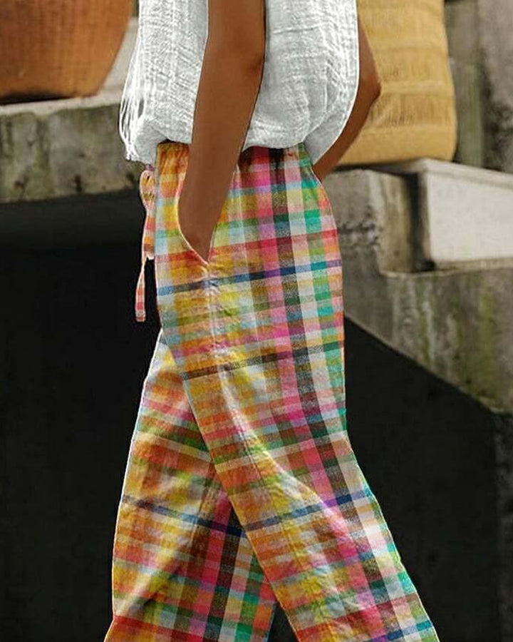Women's trousers in vintage check pattern with mid-rise – Aveline