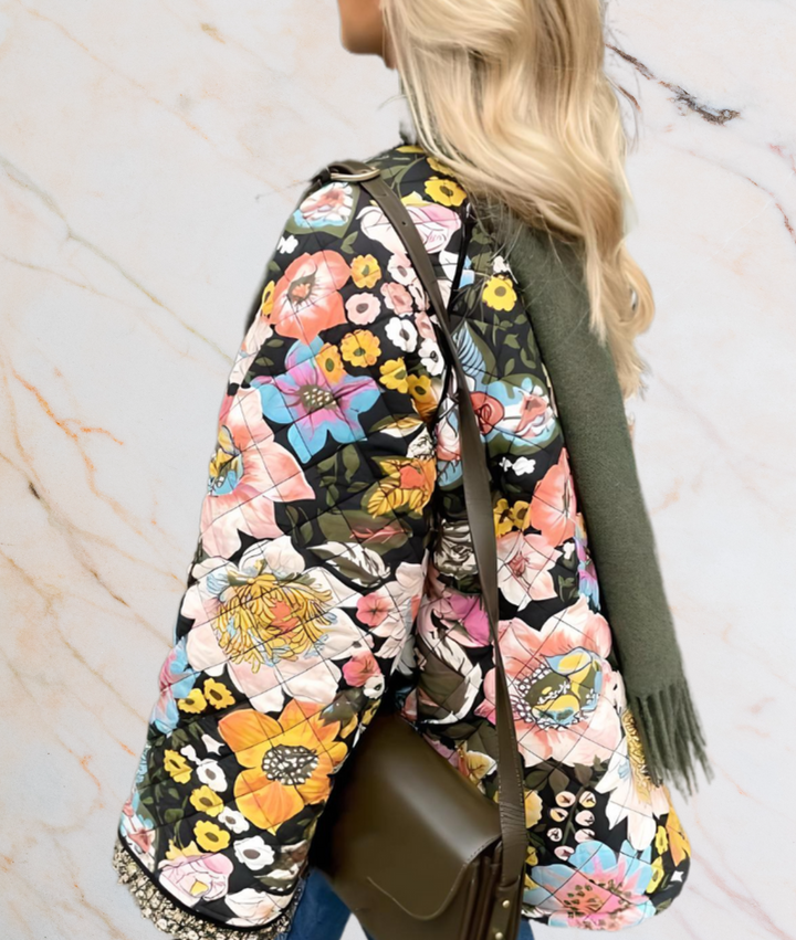 BLACK THICK ARTIFICIAL JACKET WITH LARGE FLORAL PRINTS-S-State of Style