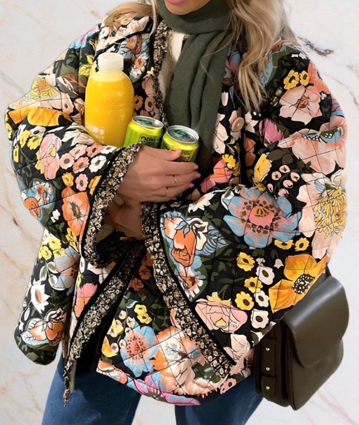 BLACK THICK ARTIFICIAL JACKET WITH LARGE FLORAL PRINTS-S-State of Style