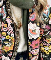 BLACK THICK ARTIFICIAL JACKET WITH LARGE FLORAL PRINTS-S-State of Style