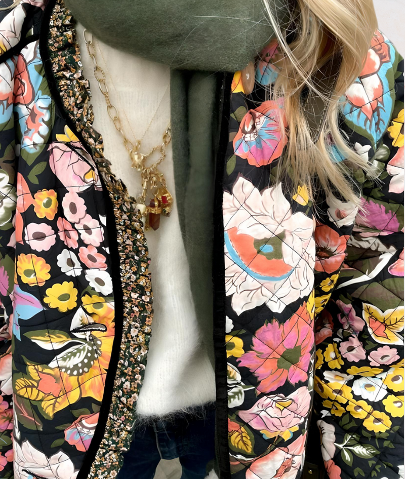 BLACK THICK ARTIFICIAL JACKET WITH LARGE FLORAL PRINTS-S-State of Style