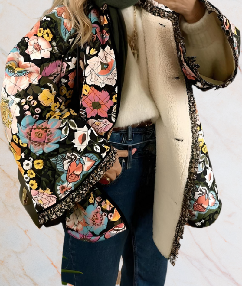 BLACK THICK ARTIFICIAL JACKET WITH LARGE FLORAL PRINTS-S-State of Style