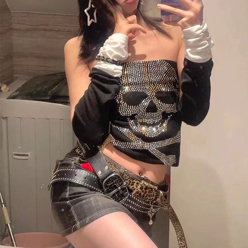 Black women's top with rhinestone skeleton design – Liora-L-State of Style