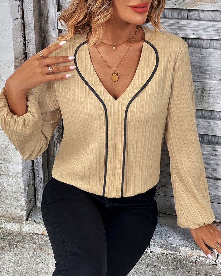 Blouse with Long Sleeves and V-Neck - Alina-Beige-S-State of Style